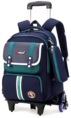 Tanou Trolley Rucksack mit Rollen 2-teilig, Langlebiger Schulranzen Trolley Jungen mit Stiftetasche, Abnehmbare Schulranzen für Kinder mit Rollen 1.-4. Klasse, 16 Zoll, Grün