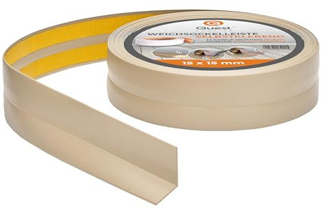 Quest Plinthe Souple Autoadhésive - 15 mm x 15 mm - Bande de finition en PVC pour cuisine, salle de bain - Bande d'étanchéité - Flexible, Etanche, Décorative (Beige, 5m)