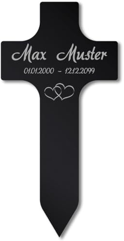 Paule Black Personalisierter Grabstecker Kreuz Grabschmuck mit Text Gravur, Acrylglas Schwarz Hochglanz 400 x 800 mm, wetterfest für Außenbereich, Mama Papa Oma Opa Steckkreuz Name Datum individuell