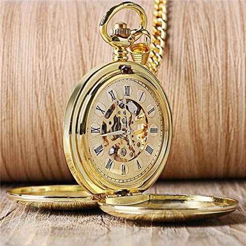 CAFIEDR Taschenuhr im Retro-Stil, doppelseitig, römische Ziffern, Glatte Rückseite, mechanische Taschenuhr mit Anhänger für Herren und Damen mit Kettenuhren (Gold)