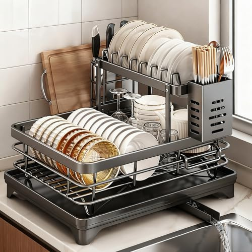Braozaiw 2 Tier Dish Drainer Rack,Dish Drying Rack With Draining Board Rack,Drying Rack Kitchen With Utensil Holder,Cutting Board Holder,Space-Saving Dish Rack For Kitchen Counter,Black