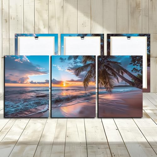 Beach Decor Canvas Wall Art - 3 Panel Sea Wave Sunset Palm Landscape Canvas Print Home Office Decorations for Living Room Seascape Modern Artwork Ocean Painting Pictures for Bedroom 12''x16''