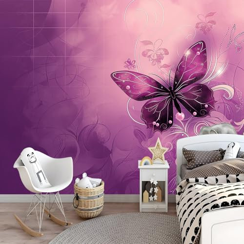 Tapete 3D Effekt Wandtapete Fantasy Eleganter Schmetterling Wandtattoo Lila für Kinderzimmer Wohnzimmer Schlafzimmer Flur Modern Vlies Tapete Vliestapete Motivtapeten 250 x 175 cm
