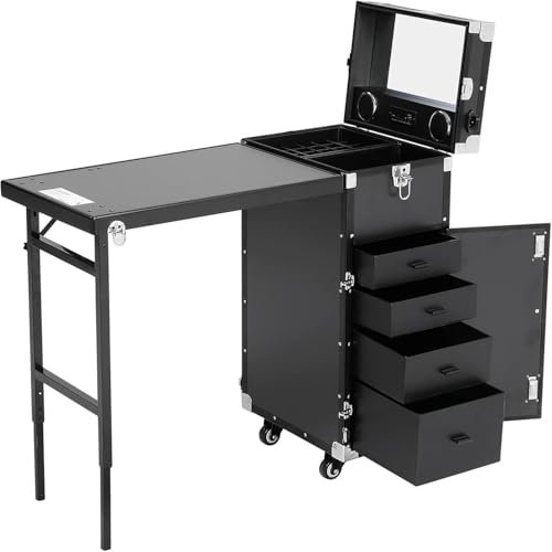 Rollbarer Maniküretisch, Nagelschreibtisch, Arbeitsplatz mit 4 Schubladen, Spiegel, Lautsprecher für Make-up, Salon, Reisen, Kosmetikwagen, Aufbewahrungsorganisator (schwarz (EIN Tisch))