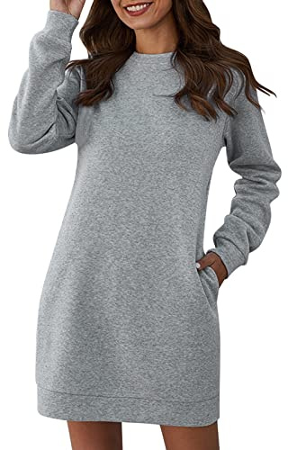 Herbstkleid Damen Große Größen | Sweatkleid Damen Langarm Ohne Kapuze Rundhalsausschnitt Pulloverkleid Einfarbige Freizeitkleid Mit Taschen Strickkleid Lockerer Sweater Kleid Hoodie Langarmshirt