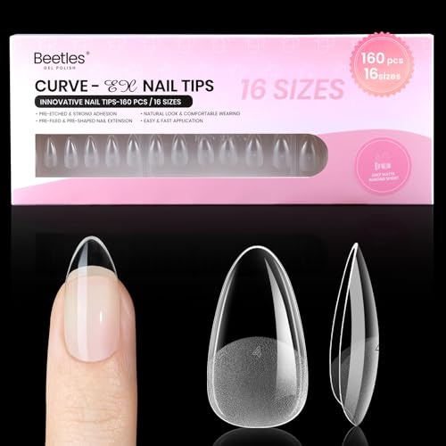 Beetles Gel-Nagelspitzen Mandel kurz, 160 Stück 16 Größen Etch-X Halbmatte Vollabdeckung Weiche nagelspitzen Klar zum Aufkleben DIY-Nagelverlängerung Kunststudio für gebogene natürliche Nagelbetten