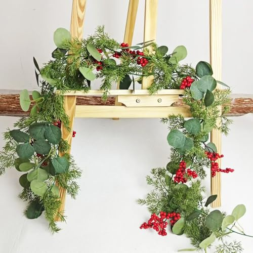 Tannengirlande Weihnachtsgirlande, Weihnachtsdeko Girlande Tannengrün, Weihnachtsgirlande Treppe Künstliche Tannengirlande, Girlande Weihnachten Beerengirlande für Weihnachtsdeko Innen & Außen (200cm)