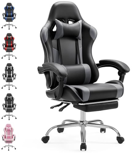 Sweetcrispy Gaming Stuhl,Ergonomischer Bürostuhl mit Fußstütze,Gamer PC Stühle mit Kopfstütze Lendenkissen,90-150° einstellbar Gaming Chair,Leder Drehbar Schreibtischstuhl Computerstuhl,Grau