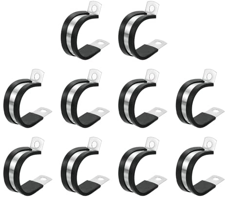 sourcing map 1-1/4(32mm) Cable Clamp, 304 Stainless Steel Rubber Cushioned Insulated Clamp R Shape Metal Clamp Tube Holder for Pipe Hose Wire Cord Installation 10Pcs