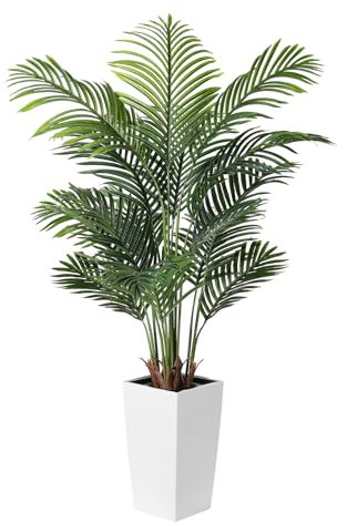 FEELEAD Artificial Palm Tree 5FT - Faux Golden Cane Palm Trees 5 Feet Artificial Indoor with White Planter, Fake Tropical Areca Palm Plant in Pot for Living Room Home Office Decor Indoor