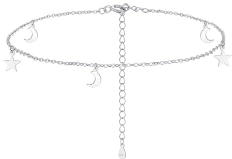 Estrellique 925 Sterling Silber Fußkettchen für Damen, Silber 925 Verstellbar 22+5CM Kette Fußkettchen Armband, Kleine Kreuz Stern Mond Anhänger Fußkette, Wasserdichte Barfuß Sommer Strand Knöchelchen