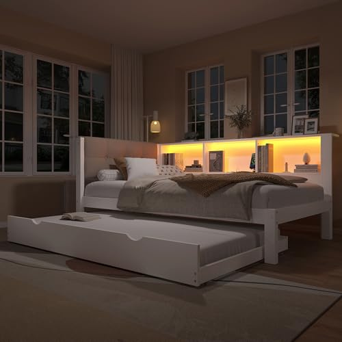 Oxtao Tagesbett Schlafsofa 90x200 cm, mit USB-Anschluss und dimmbarer LED-Licht, mit praktischem Regal, Holz Multifunktionsbett mit Ausziehbarem Bett,Ohne Matratze, Kiefernholz, Weiß