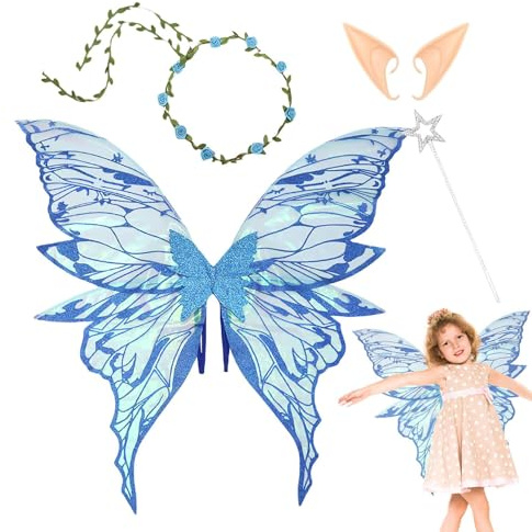 Costume Fevings - Ensemble de costume d'aile d'ange comprenant ornement de tête de fleur, baguette magique et accessoires d'oreille | Costume de fête d'enfant Princesse Jeu de rôle Scène de mariage