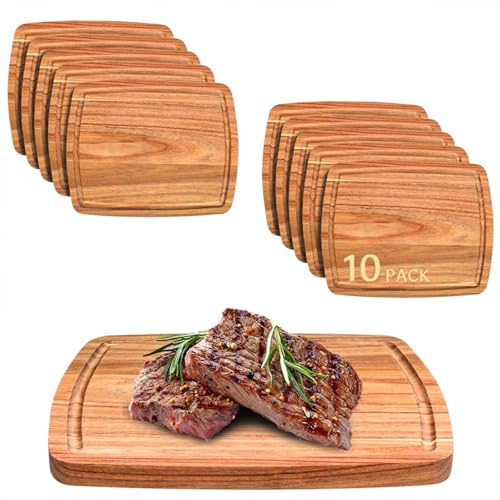 10 Pack Acacia Wood Cutting Boards Bulk, 25 x 20 cm Chopping Boards | Wooden Boards with Juice Groove for Laser Engraving, Charcuterie Serving, Holiday and Housewarming Gifts