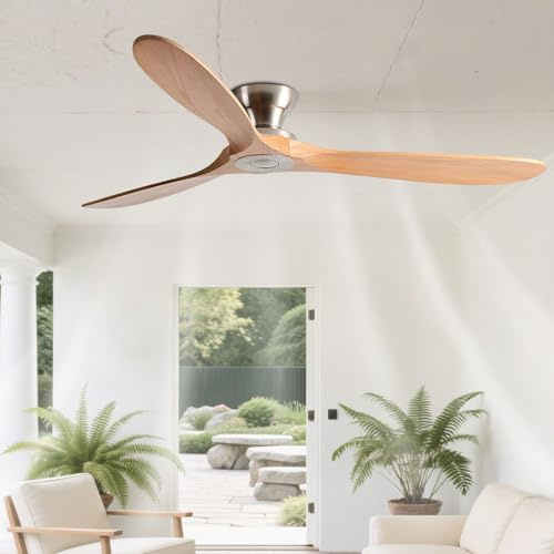IBalody Solid Wood Ceiling Fan Without Lights Flush Mount Ceiling Fans With Remote Control 6 Speeds, Wood Blades Modern Ceiling Fan No Light For Bedroom/Farmhouse/Patio/Indoor