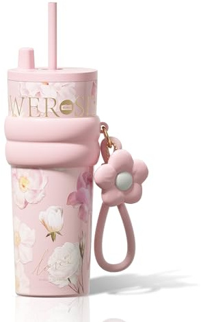 Sidagar 24 oz Insulated Tumbler witn Lid and Straw, Stainless Steel Reusable Leak Proof Water Bottle with Strap, Travel Portable Iced Coffee Mug for Hot and Cold, Thermal Cup for Women, Floral Pink