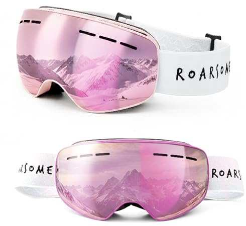 Roarsome Kids Ski Goggles – Anti-Fog UV Protection Ski Glasses with OTG Fit and Adjustable Strap for Boys and Girls - Pink
