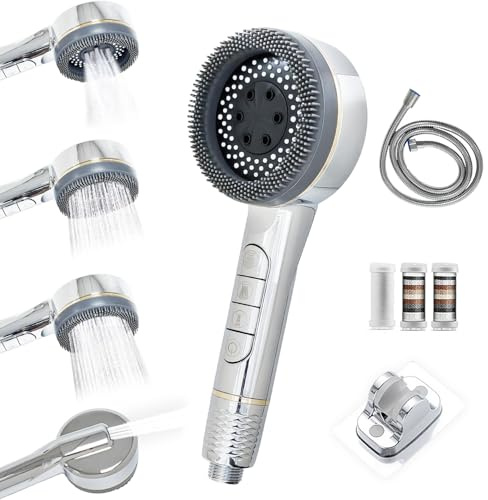 High Preasure Shower Head with 1.5M Hose and Holder, 4 Spray Modes Filtered Showerhead for Chlorine Remove, Massage Powerful Shower Head with ON/Off Switch (Silver)