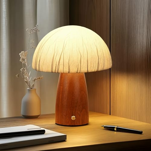 LONRISWAY LED Wood Cordless Table Lamp Rechargeable with Dimming Eye-Care Lighting, Portable Touch Lamp Living Room Bedroom Bedside Office