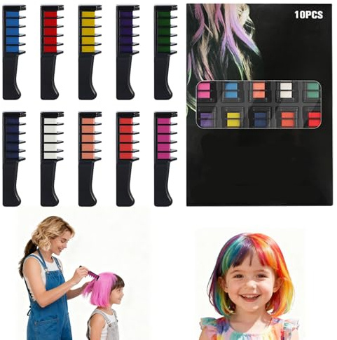10 Colors Festive Fun Hair Chalk Combs, New Chalk Hair Color for Girls, Temporary Wash out Hair Color Kids, Christmas Girl Gifts, Skin Safe Materials (1 Set)