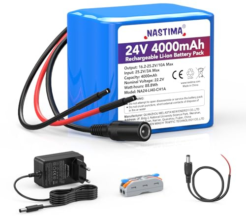 NASTIMA 4000mAh 88,8Wh 24V Batterie Lithium-ION Rechargeable | Convient aux Enceintes Bluetooth, Voitures Télécommandées, Systèmes Solaires, Projets DIY, Inclut Chargeur et Connecteurs
