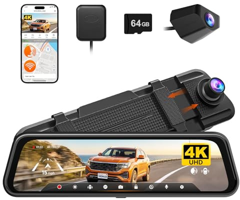 WOLFBOX M40 10” Rückfahrkamera Spiegel, 4K+1080P Dashcam Auto Vorne Hinten, Spiegel Dashcam mit ADAS/BSD, Sprachsteuerung,Inklusive 64GB Karte, Wi-Fi & GPS