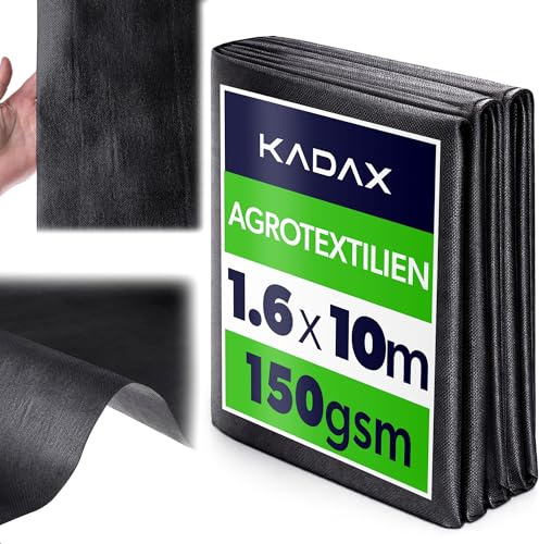 KADAX Telo pacciamatura Anti Erbacce 1,6 x 10 m - 150 g/m² Nero in Polipropilene - per aiuole e orto - Permeabile all’Acqua per irrigazione Senza ristagni