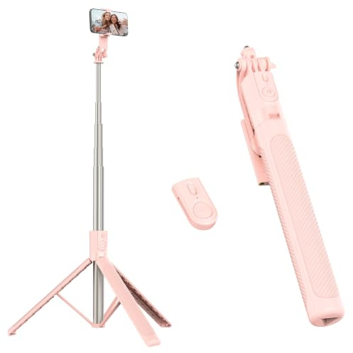 RISEOFLE 180cm Trepied Smartphone & Perche a Selfie, Trepied Telephone Portable Rétractable en Aluminium avec Télécommande sans Fil pour iPhone/Samsung/Android/Caméra - Rose