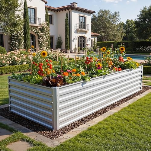 DWVO Jardinera elevada para jardín, 1550 L, de Metal, Acero galvanizado de 0,35 mm con Borde de Seguridad y 4 Barras de Apoyo para Frutas y Verduras de jardín (Plata, 240 x 120 x 54 cm)