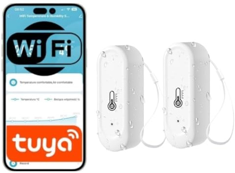 Higrómetro y termómetro WiFi con sensor, kit de sensor de temperatura y humedad WiFi TUYA (2 unidades) con aplicación TUYA/Smart Life y alarma de notificación remota para habitación garaje invernadero
