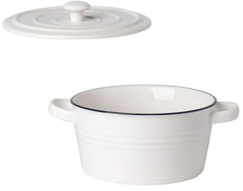 EXAOMBLE Ciotola Elegante e Delicata in Ceramica Bianca con Doppio Manico e Coperchio, Resistente e Leggera Zuppiera Multifunzione per Cucina e Campeggio