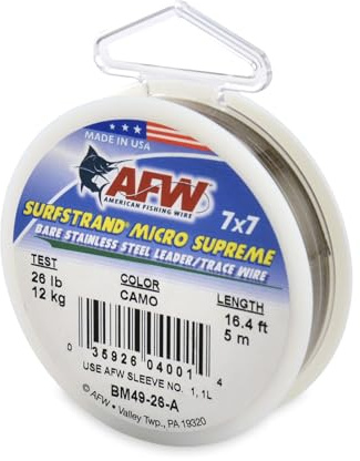 American Fishing Wire Surfstrand Micro Supreme, Bare 7x7 Stainless Steel Leader Wire, 26 lb Test, 0.014 Diameter, Camo, 5m
