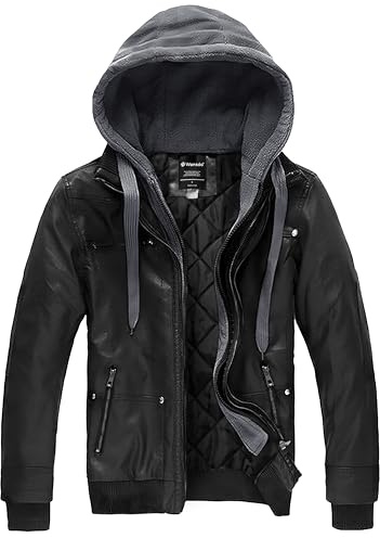 wantdo Men's Winter Warm Leather Jacket with Removable Hood Black Medium(Thick)