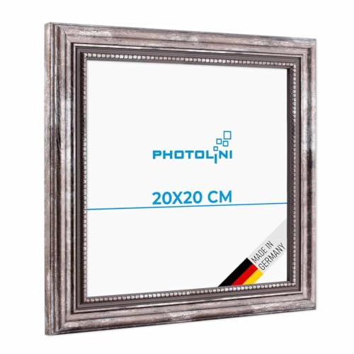 PHOTOLINI Barock-Bilderrahmen 20x20 cm in Silber antik, Holz-Rahmen Vintage, Made in Germany, Echtglas, zum Aufhängen, mit Zubehör - verleiht Deinen Fotos das besondere Etwas