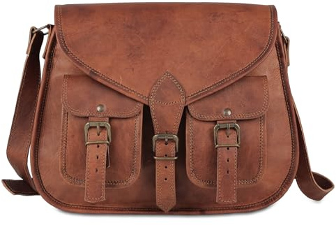 KPL - Borsa da donna, a tracolla, modello postina, da viaggio, in vera pelle, 35,5 cm, Marrone chiaro., L, Tote