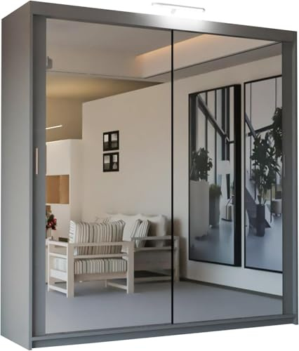 SLIDING WARDROBE 4U Mirror Sliding 2 or 3 Door Wardrobe with LED Light 90cm/120cm/150cm/180cm/203cm/250cm White-Black-Grey-Walnut-Wenge-Oak (Grey, 120cm)