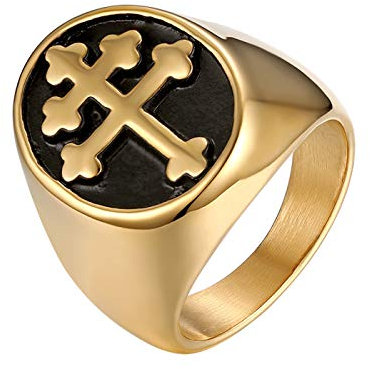 JewelryWe Schmuck Retro Herren-Ring Edelstahl Kreuz von Lothringen Patriarchalischen Siegelring Bandring Band mit Gravur Gold Größe 67