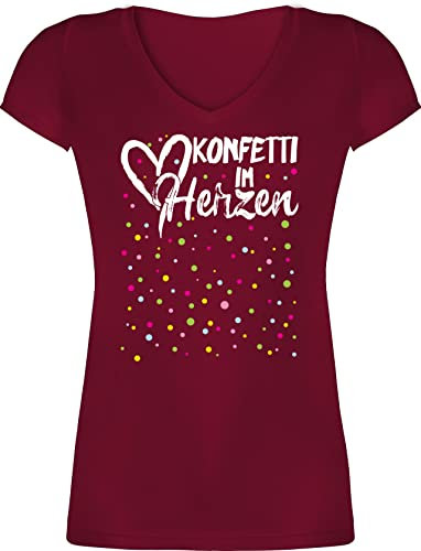 T-Shirt Damen V Ausschnitt - & Fasching - Konfetti im Herzen Karneval I - 3XL - Bordeauxrot - karnevalsshirt faschingsshirt Faschings Herz Shirts karnevalsshirts Faschings-t-Shirt Karnevals Confetti