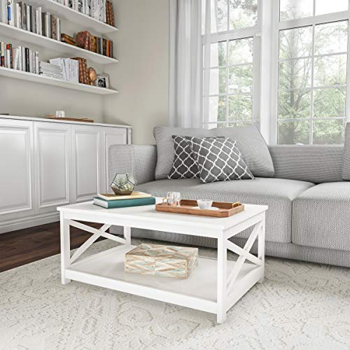 Coffee Table - 2-Tiered Wood Sofa Table - Low Profile and X-Leg Design Living Room Furniture for Storage, Display, or TV Stand by Lavish Home (White)