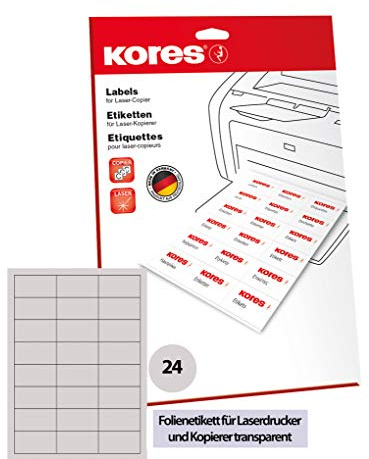 Kores Folien Etiketten transparent Laser+Kopierer 70,0 x 37,0mm 10 Blatt 240 Etiketten, reißfest, wasserfest, abwaschbar