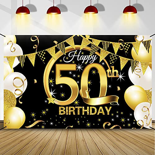 Partydekoration zum 50. Geburtstag – Banner in Schwarz und Gold, Hintergrund aus Stoff, extra groß