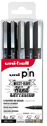uni-ball Uni Pin Uni Mitsubishi Pencil – 5 pennarelli per scrittura e disegno speciale a mano Lettering, pochette a 4 punte (nero, grigio chiaro, grigio scuro, seppia) + 1 punta 0,8 mm (nero)