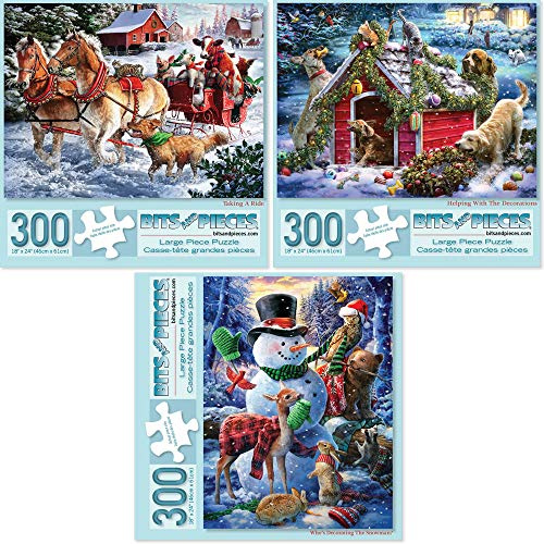 Bits and Pieces - Value Set of Three (3) 300 Piece Jigsaw Puzzles for Adults - Each Puzzle Measures 18 x 24 - Winter Holiday Forest Animals Jigsaws by Artist Larry Jones