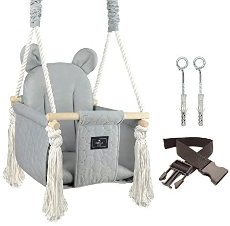 NATILU® Babyschaukel Set Indoor Outdoor | Mr. Bear | Schaukel | Kinderschaukel | Kindergartenschaukel | Kleinkindschaukel | Holzschaukel | Schaukelsitz | Swing ab 6M+ für Zuhause, Garten