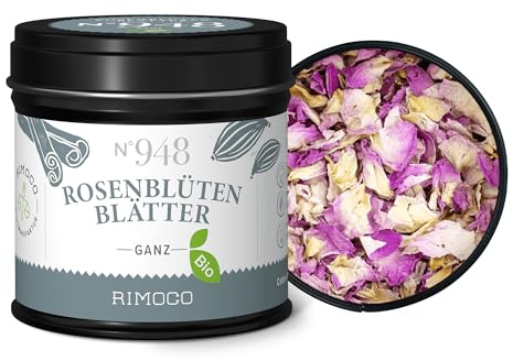 Rimoco N°948 Bio Rosenblütenblätter ganz - Rosenblüten Blätter dekorativ mit blumigem Aroma | fruchtig, süßlich, säuerlich | Bio Anbau (DE-ÖKO-007) | 10g in eleganter Gewürzdose mit Aromadeckel