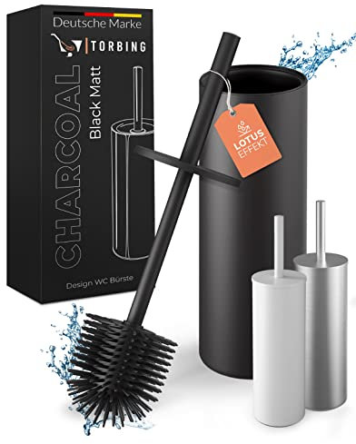 TORBING Design WC Bürste Edelstahl - Hochwertige Toilettenbürste mit geschlossenem Halter - Klobürste Silikon Lotuseffekt - Modernes Design - Elegante Farben - Verlängerter Griff (Charcoal Black Matt)