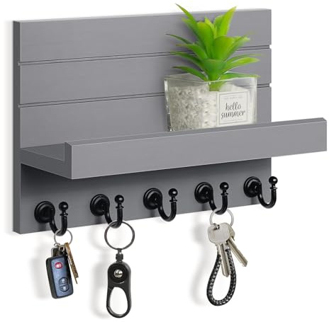 HONJIN Schlüssel- und Briefhalter für die Wand: Rustikaler Schlüsselaufhänger Schlüsselhalter Organizer mit 5 stabilen Schlüsselhaken für Eingangsbereich, Schlafzimmer, Küche, Hausdekoration (grau)