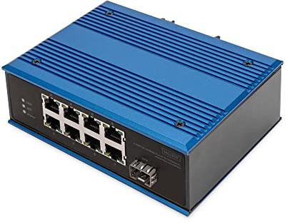 DIGITUS Conmutador de Red PoE - 9 Puertos Fast Ethernet - 8X RJ45 + 1x Puerto SFP - No gestionado - 10/100 Mbps - Carril DIN y Montaje en Pared - IP40 - Serie Industrial - Azul