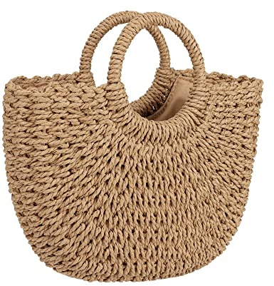 Womens Large Straw Beach Bag Woven Tote Bag Top Handle Handbag Purse for Summer (Brown)