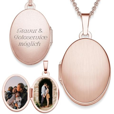 Damen Medaillon Oval zum Öffnen mit Bild Rosegold vergoldet, Amulett | Medallion Anhänger Aufklappbar, Kette personalisiert, Foto-Service & Gravur